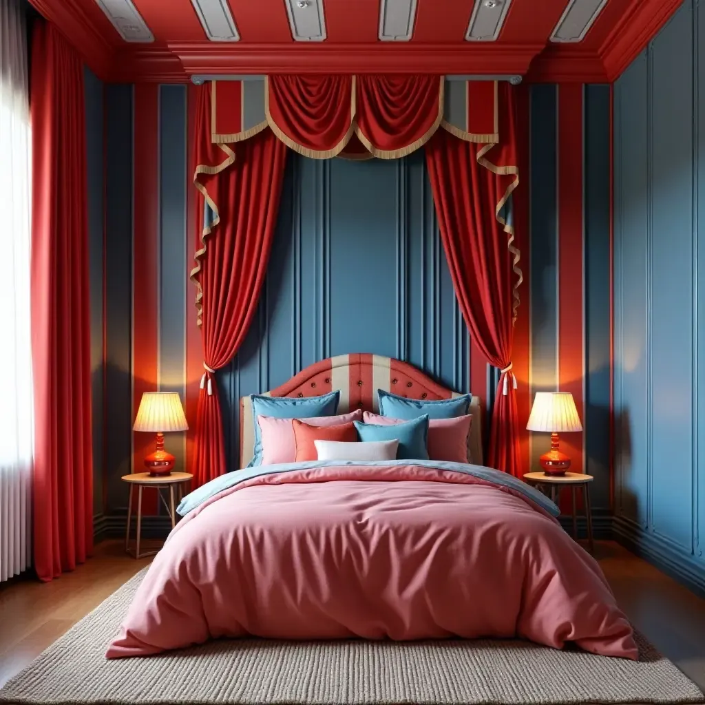 a photo of a vibrant red and blue circus-themed bedroom