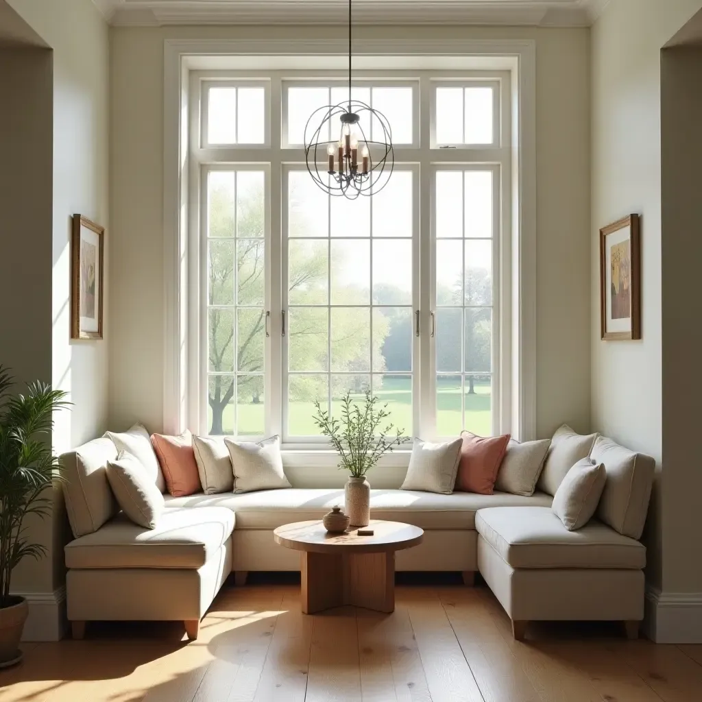 a photo of a breakfast nook with a large window and comfortable seating