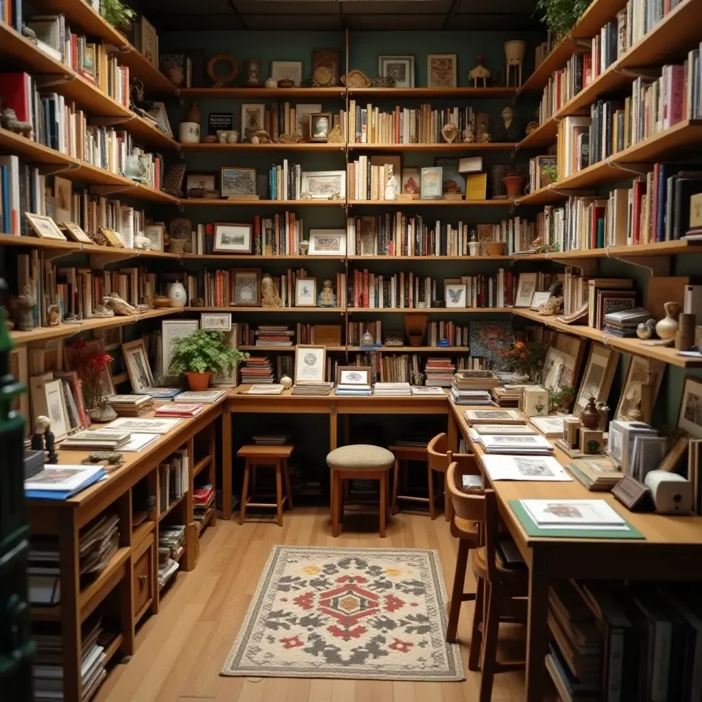 a photo of a library filled with handmade crafts and decor