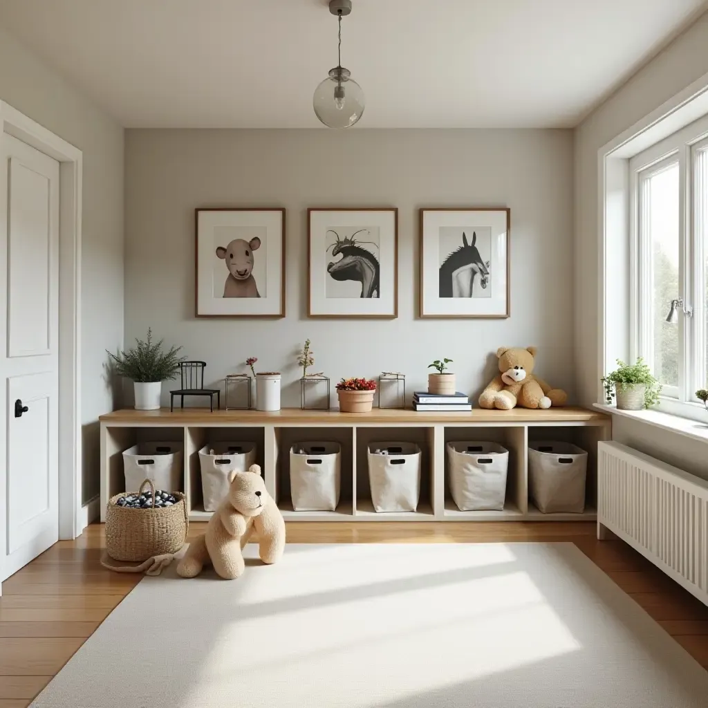 a photo of a basement playroom with clean lines and organization