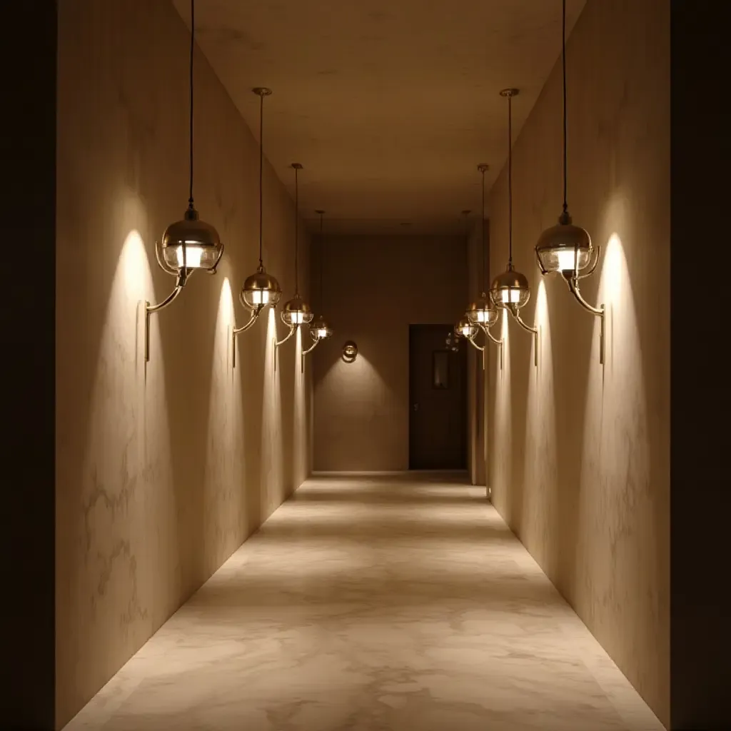 a photo of a corridor with pendant lights that enhance architectural features