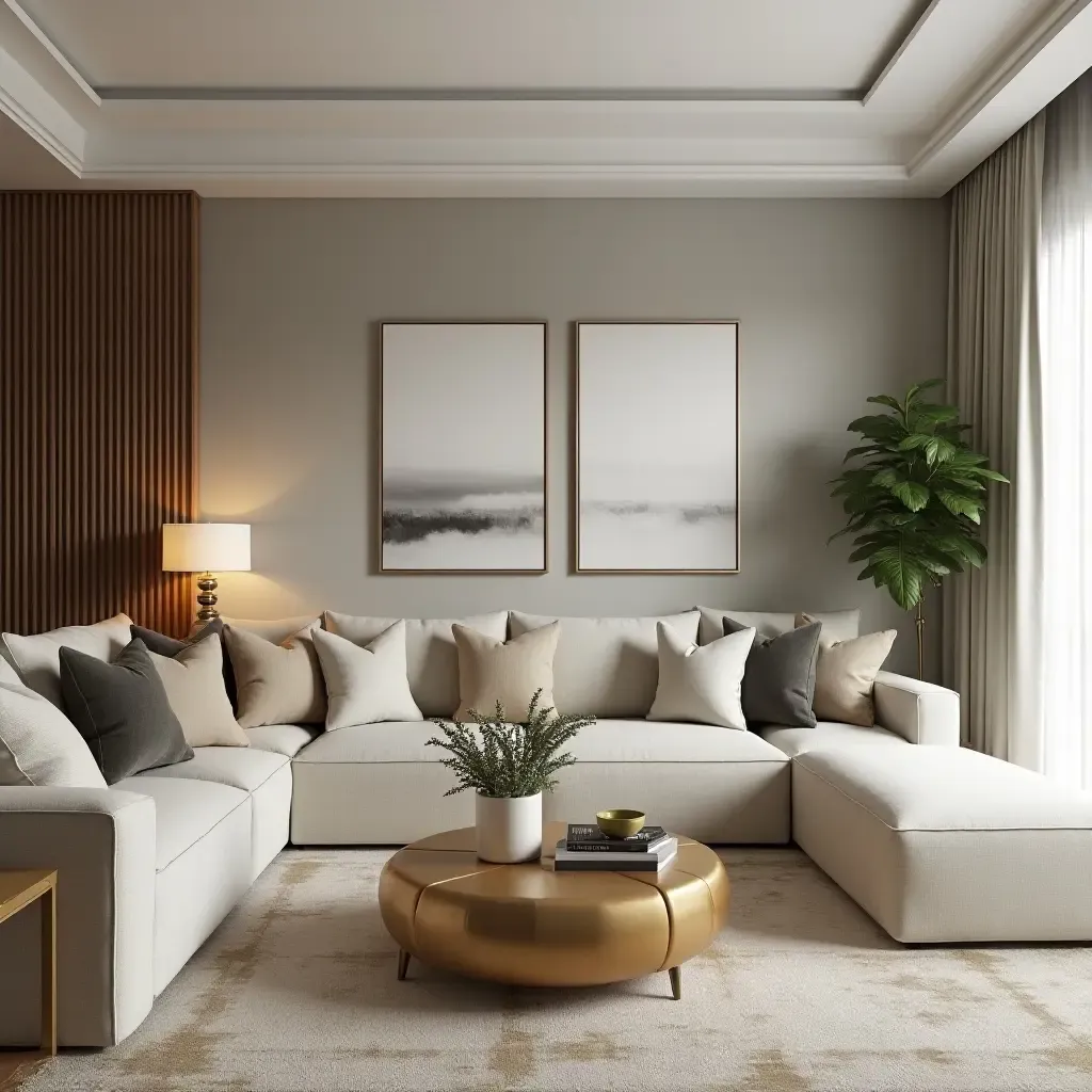 a photo of a living room with gold metallic accents on furniture