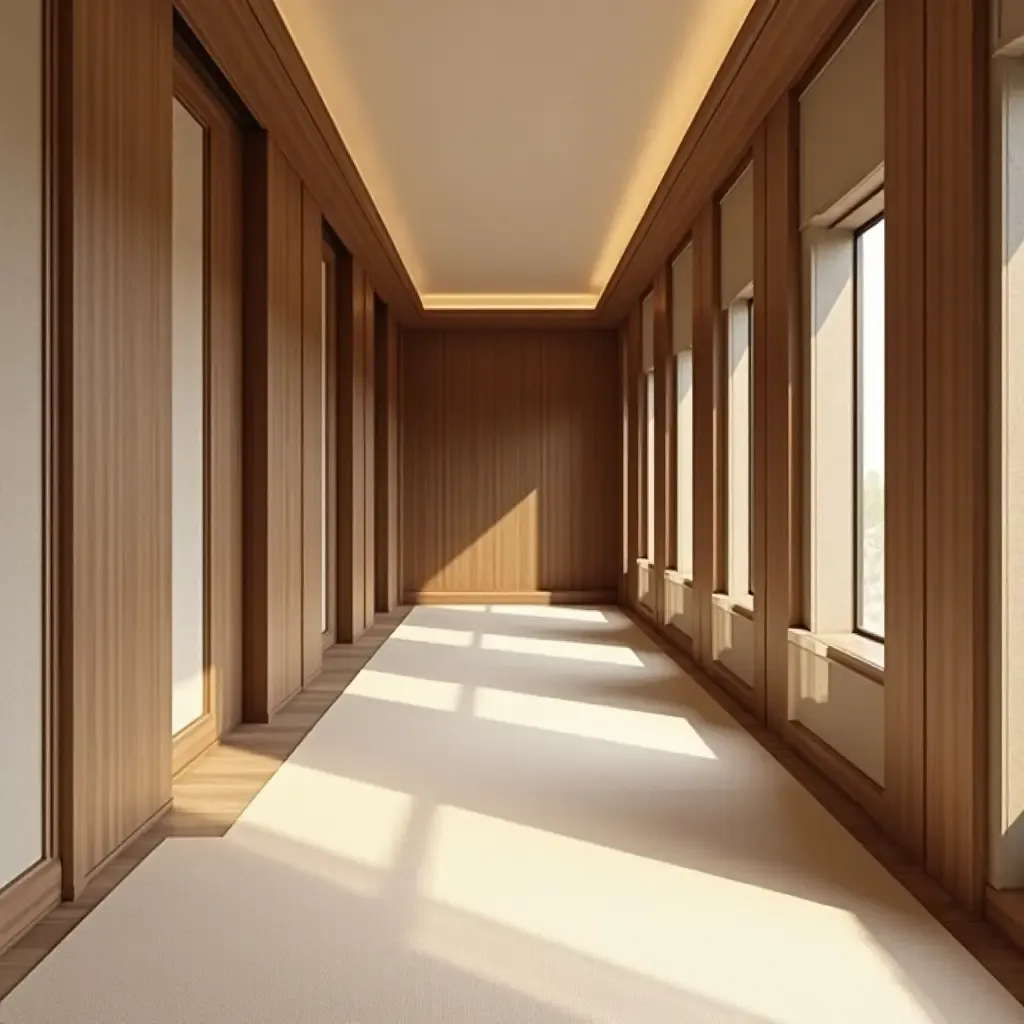 a photo of a corridor with wooden trim and soft fabrics