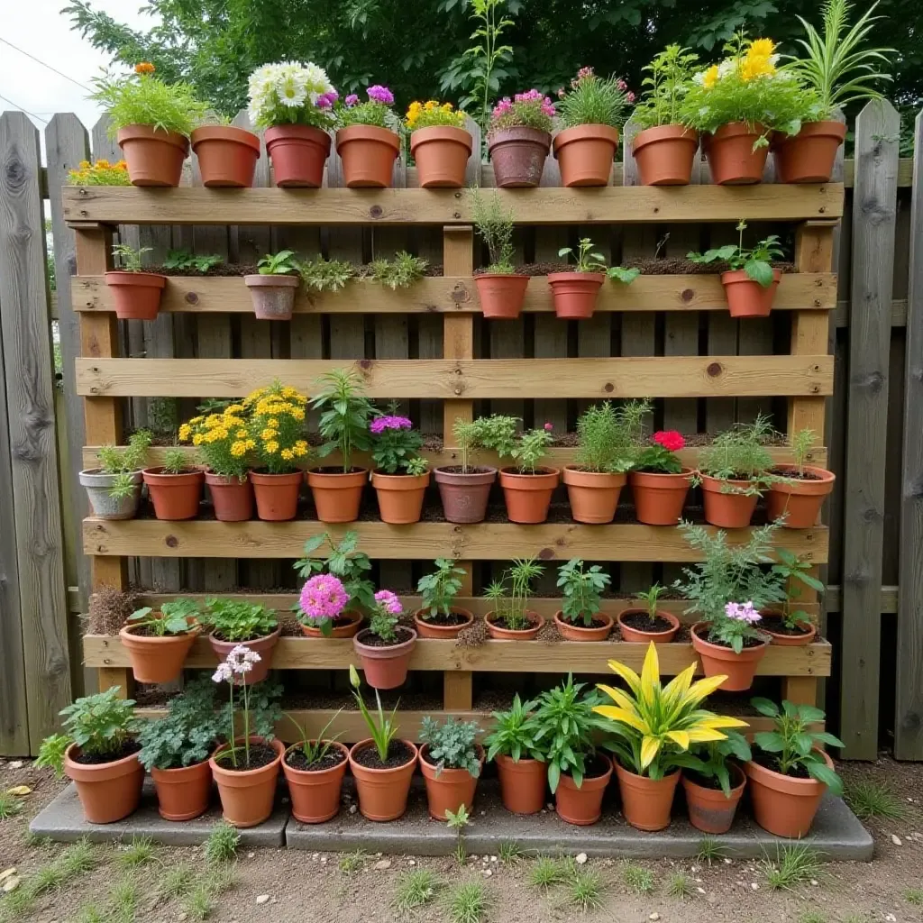 a photo of a recycled pallet garden wall filled with colorful pots