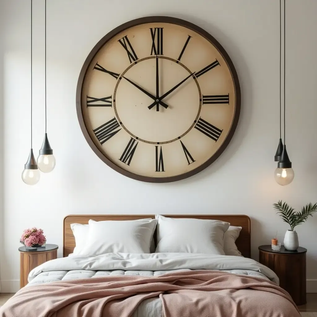 a photo of a bedroom with a whimsical, oversized wall clock as decor