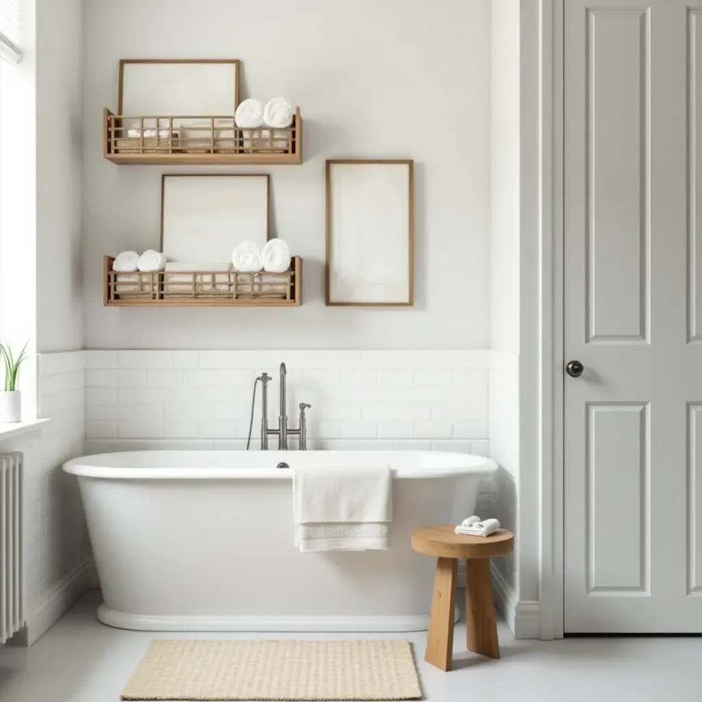 a photo of a bathroom with wall-mounted baskets for easy access