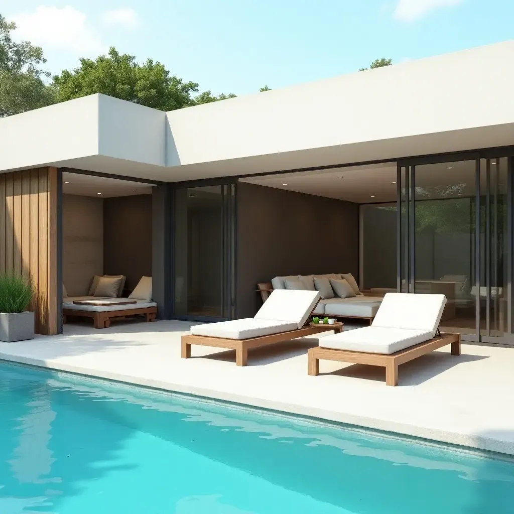 a photo of a compact poolside lounge with space-saving designs