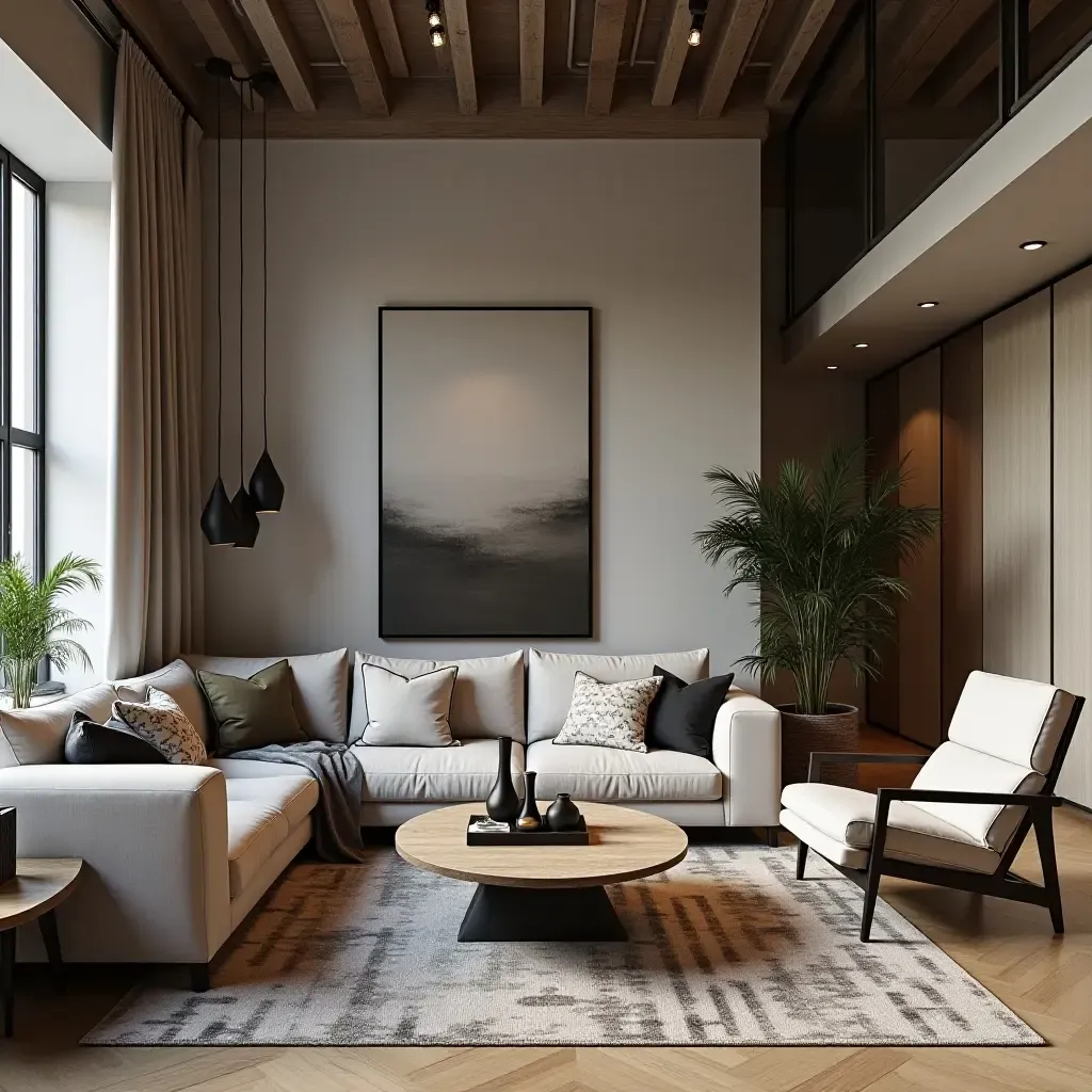 a photo of a stylish loft-style living room with a mix of textures and materials