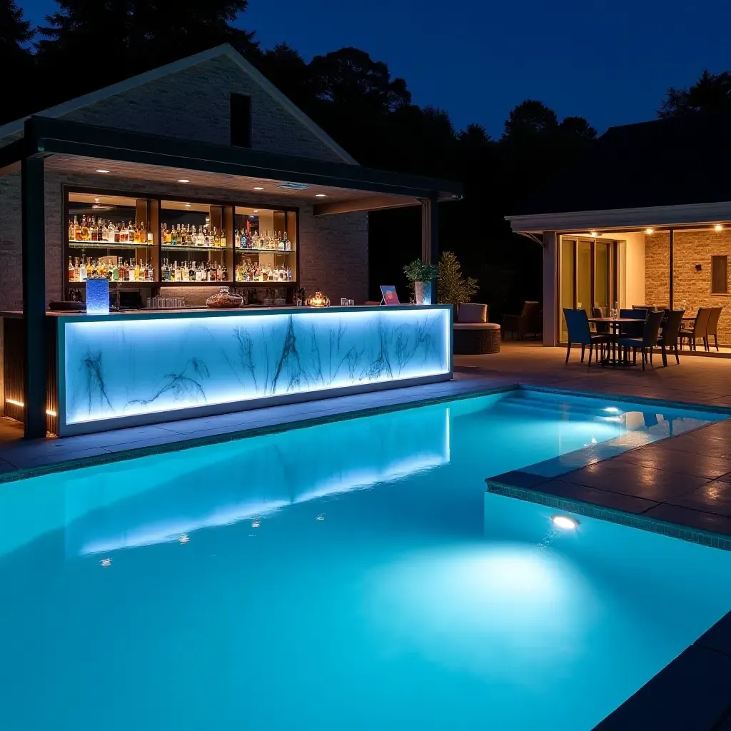 a photo of a contemporary glass bar with LED lighting by the poolside