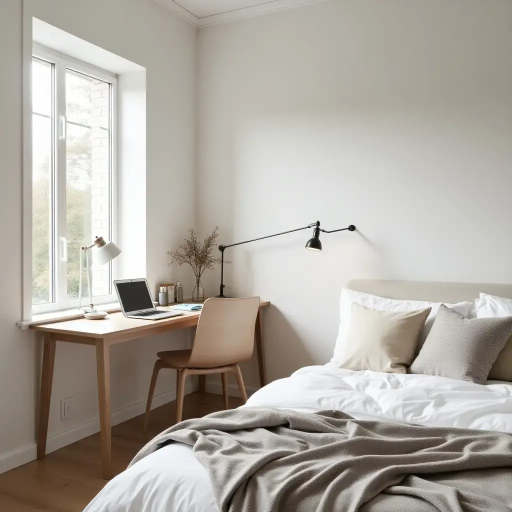 a photo of a tranquil Scandinavian bedroom with a minimalist desk and workspace