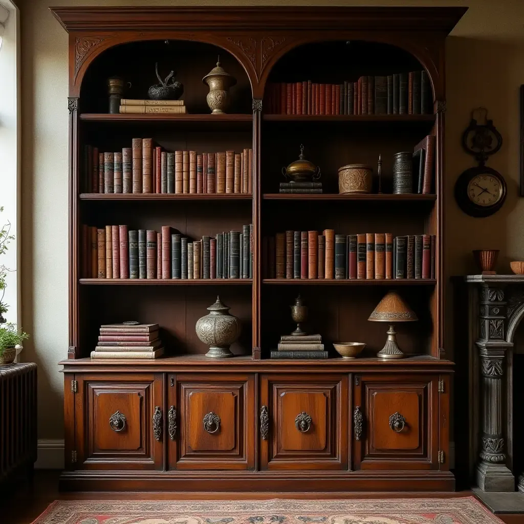 a photo of an antique wooden bookshelf filled with classic novels and trinkets