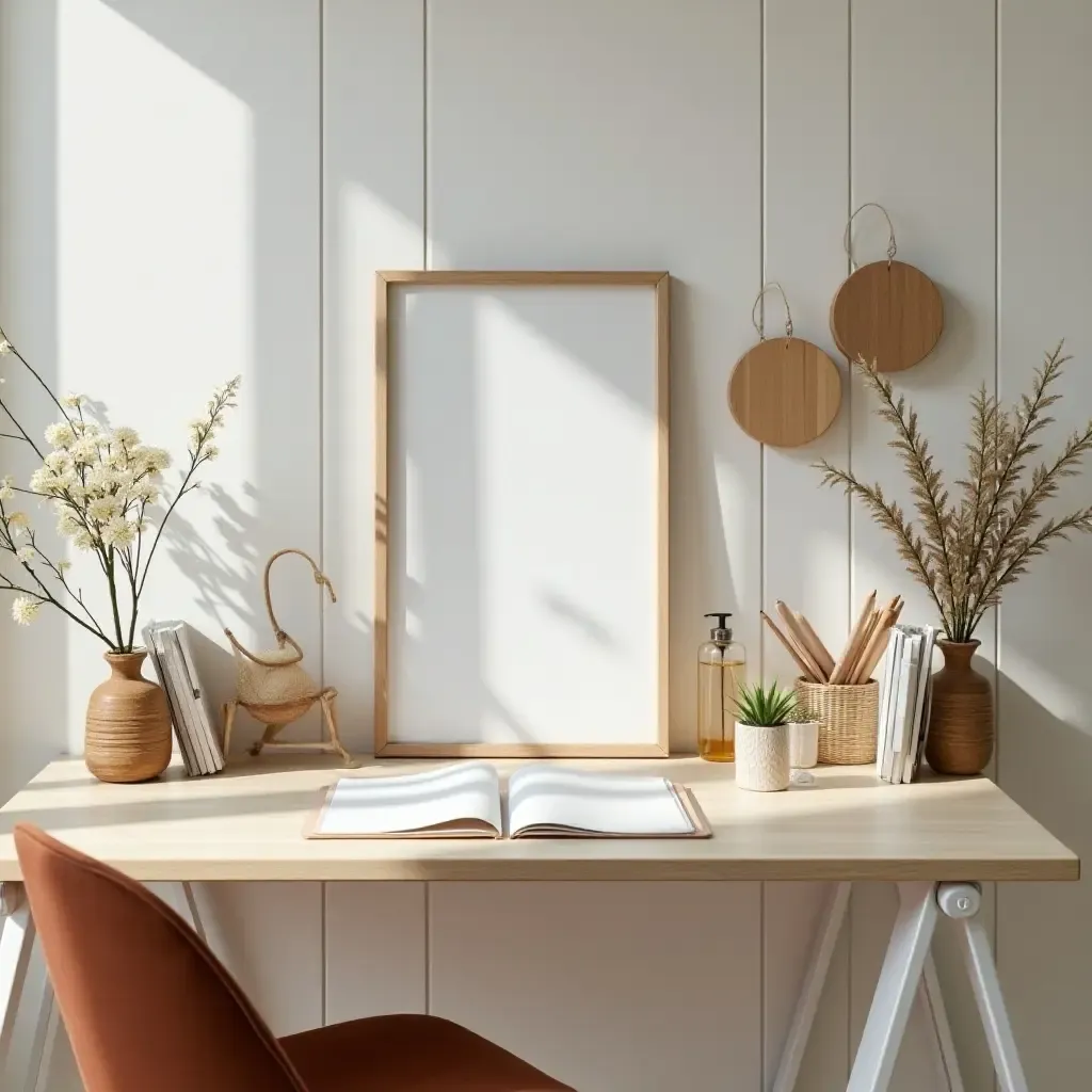 a photo of a cottagecore-inspired desk with nature-themed decor and stationery