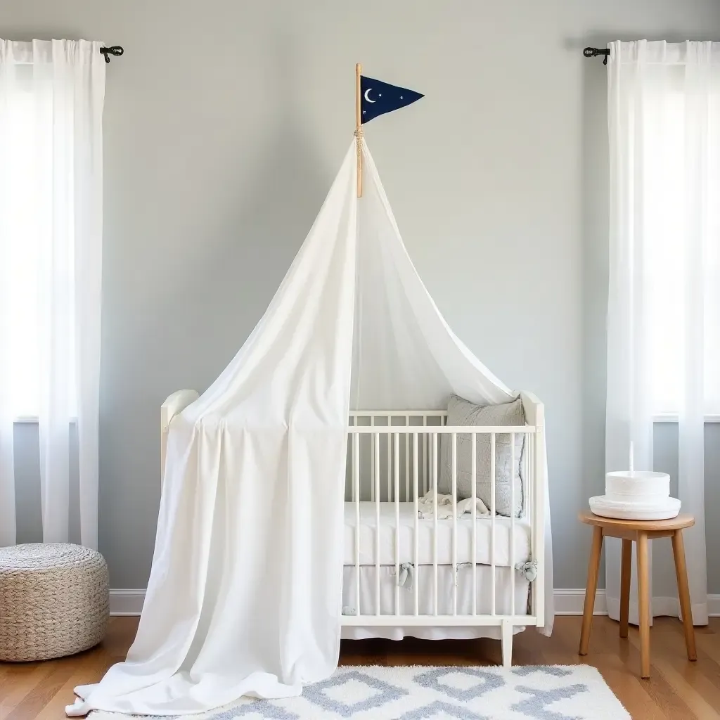 a photo of a nautical-themed nursery featuring a sailboat canopy for a crib