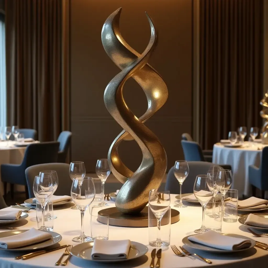 a photo of an elegant metallic sculpture as a dining table centerpiece