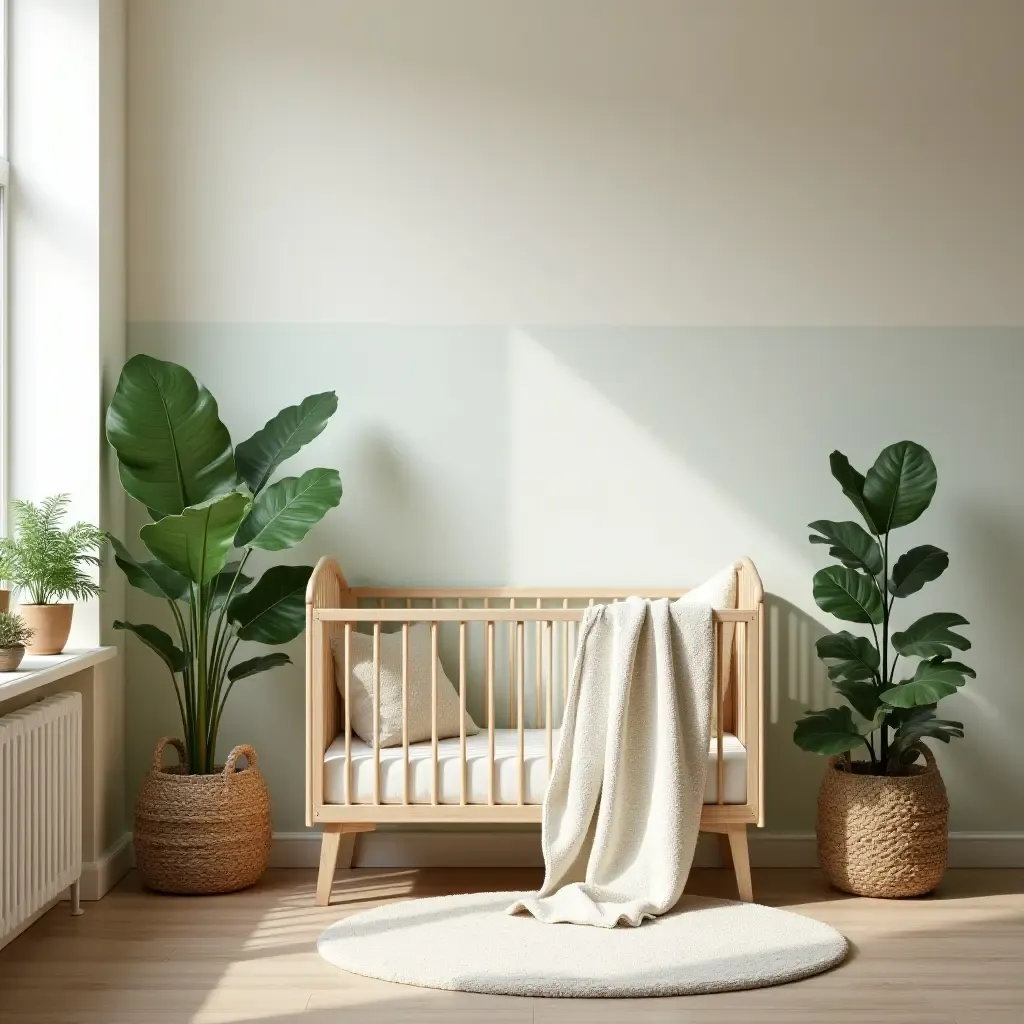 a photo of a nursery with a nature-inspired color palette and plants