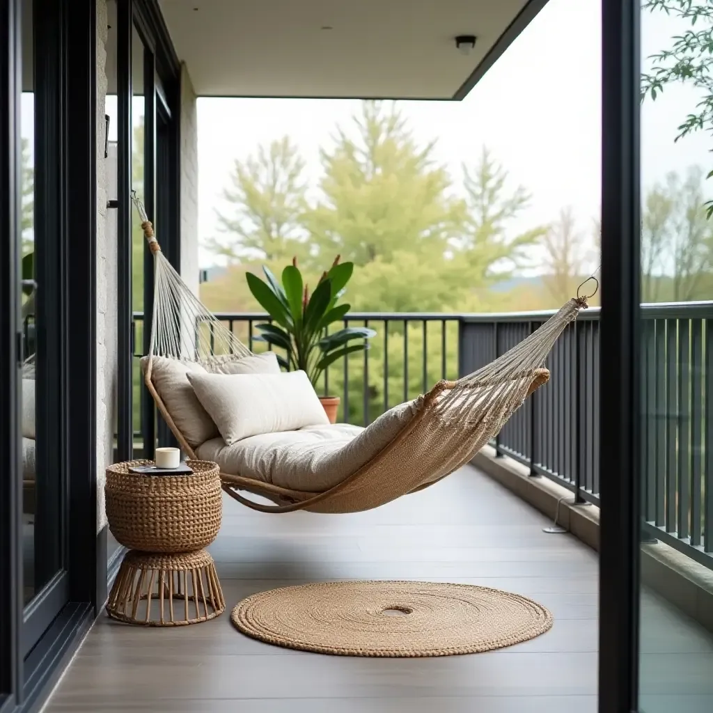 a photo of a balcony with a stylish hammock and industrial side table