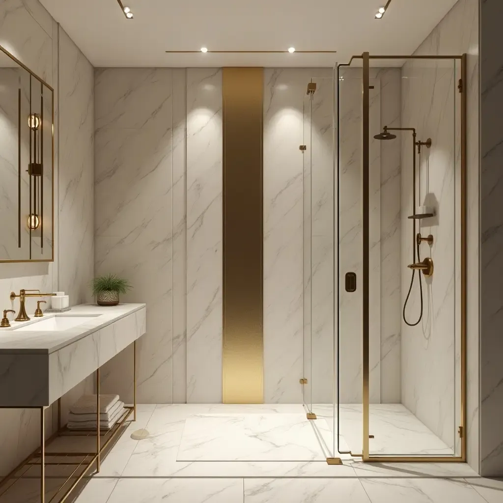 a photo of a luxurious bathroom with metallic accents in the shower design