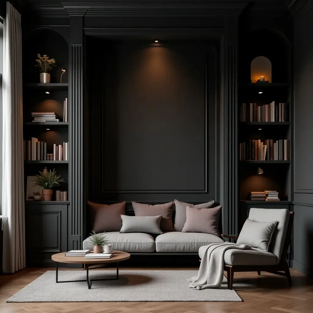 a photo of a dark grey living room featuring a cozy reading nook with bookshelves