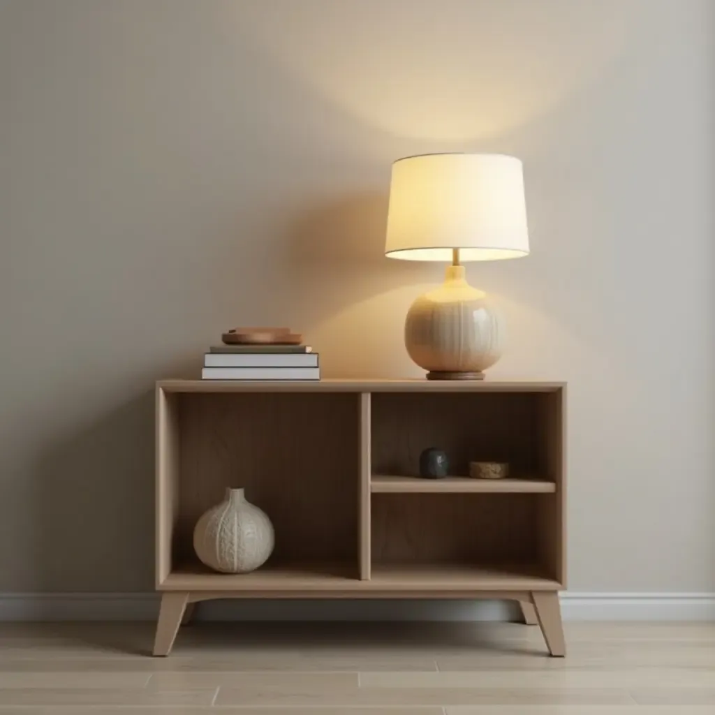 a photo of a compact nightstand with a small bookshelf and lamp