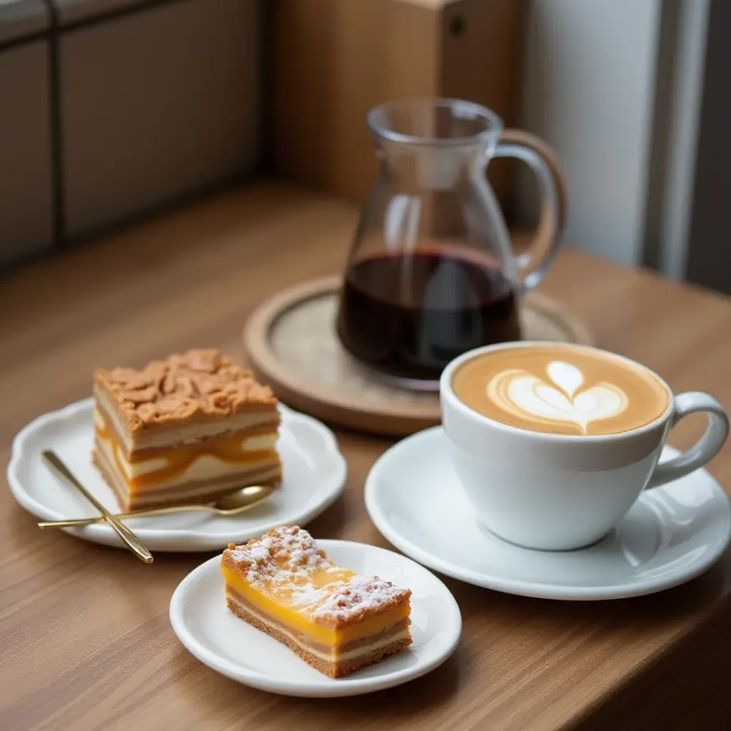 a photo of Gangneung&#x27;s coffee street with a cup of dalgona coffee and traditional Korean desserts.