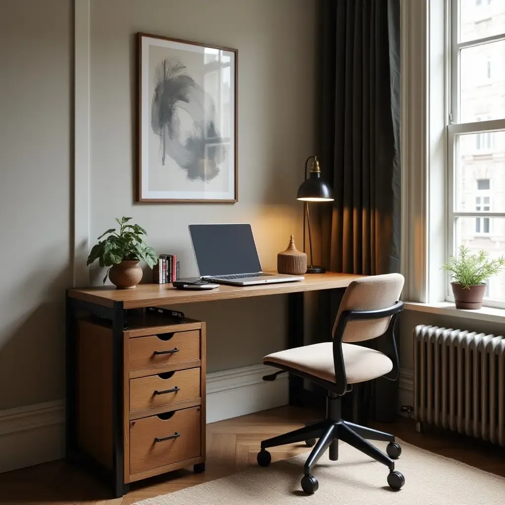 a photo of a masculine workspace corner with a vintage desk and industrial chair