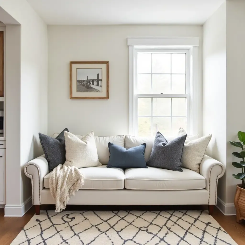 a photo of a charming basement nook featuring a farmhouse-style sofa and throw pillows