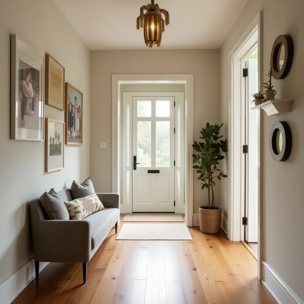 a photo of a welcoming hallway adorned with family photos and warm accents