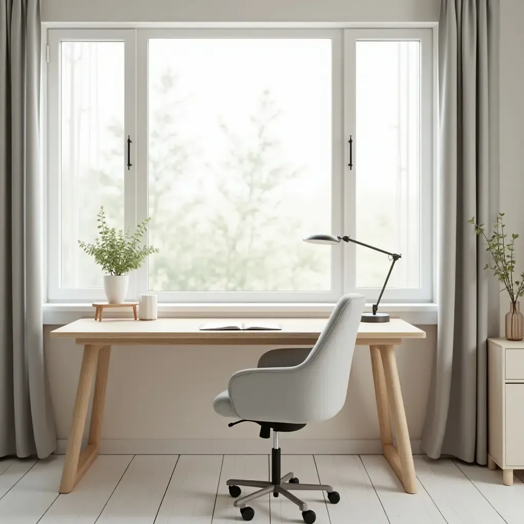 a photo of a minimalist desk setup with a large window and natural light