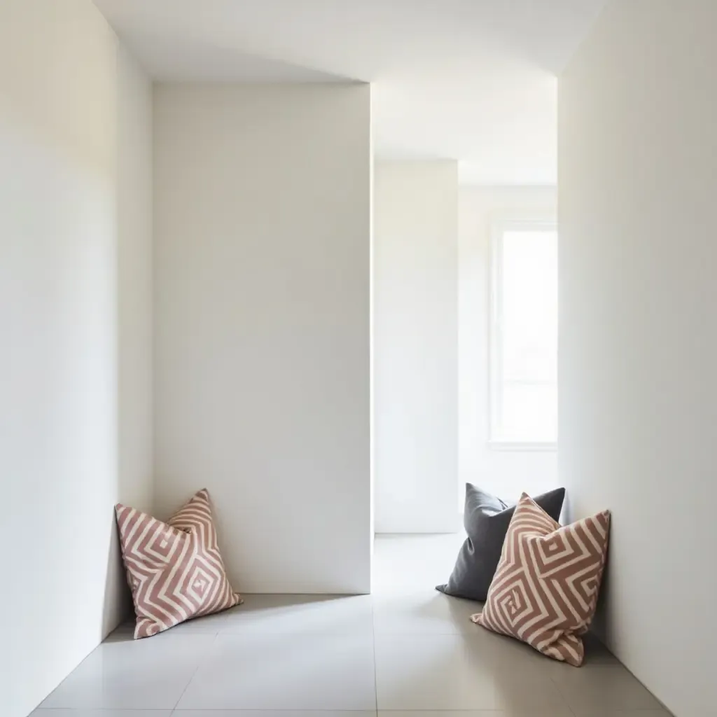 a photo of a minimalist corridor featuring geometric patterned throw pillows