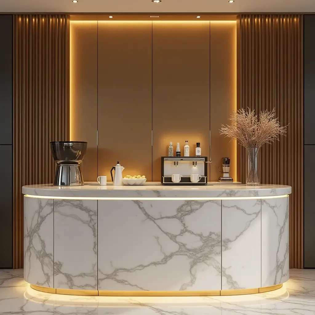 a photo of a luxurious coffee station with marble countertops and gold accents