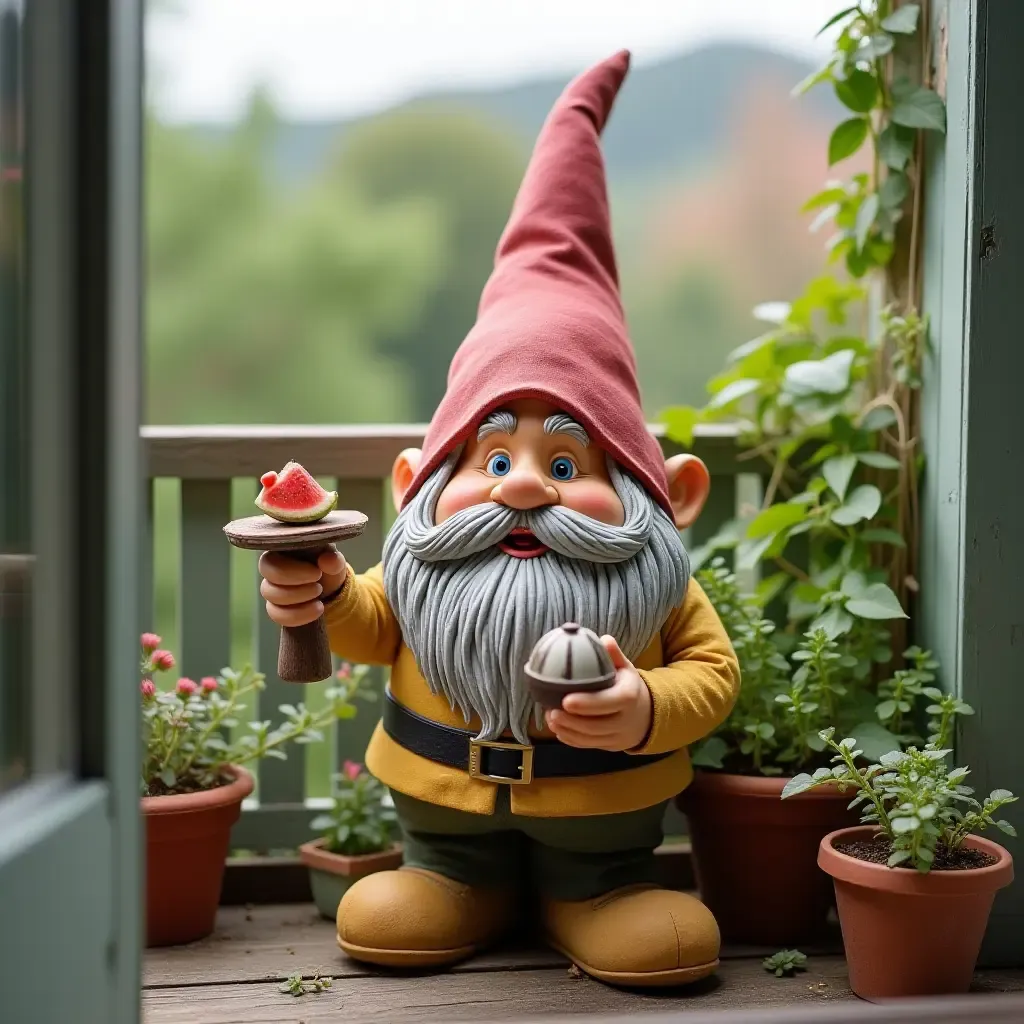 a photo of a balcony with a whimsical garden gnome created from clay