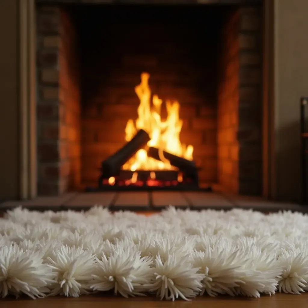 a photo of a plush rug in front of a fireplace with flickering flames