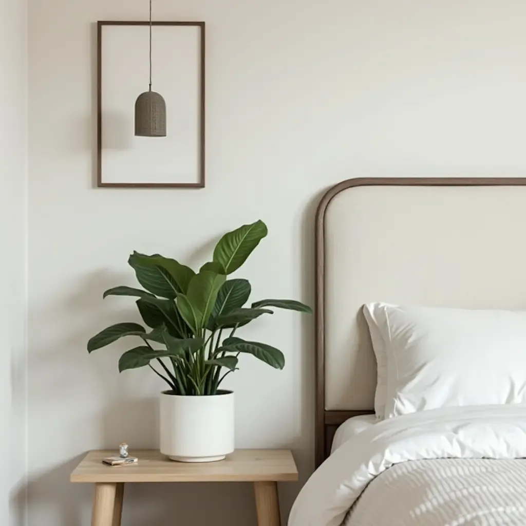 a photo of a serene bedroom with a bedside table plant arrangement