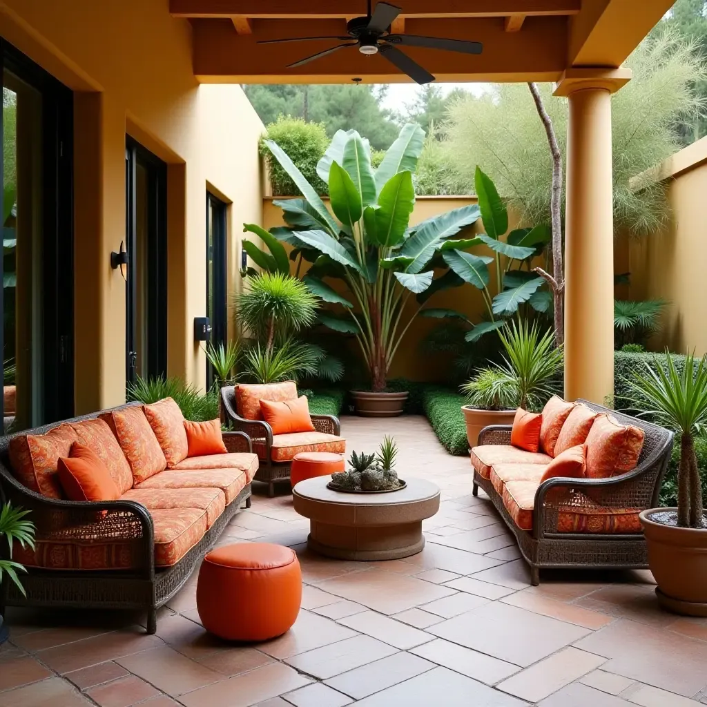 a photo of a tropical-inspired patio with bright cushions and Mexican-style ceramics