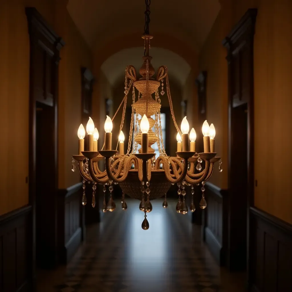 a photo of a classic chandelier illuminating a vintage hall