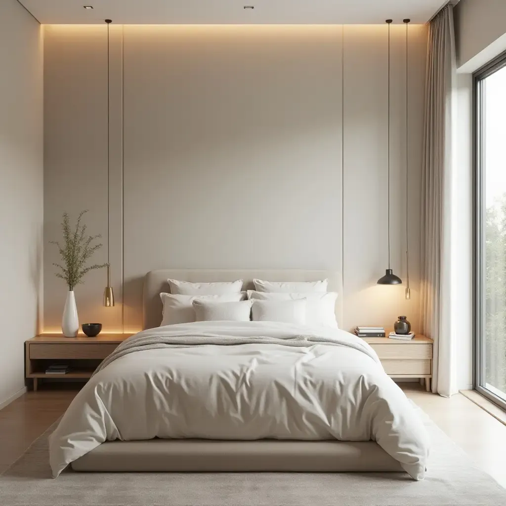 a photo of a sleek bedroom with a calming color palette and minimalist accessories