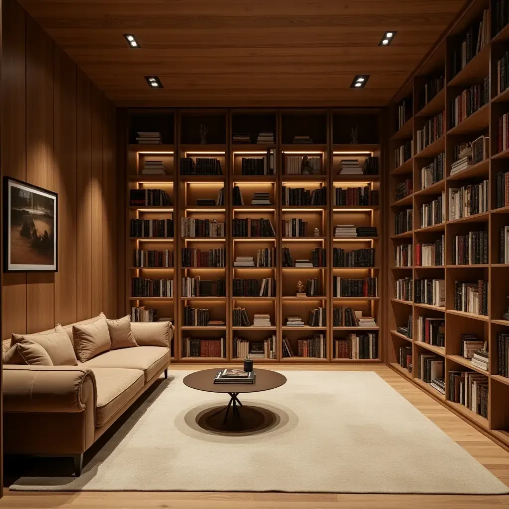 a photo of a basement library with wooden bookshelves