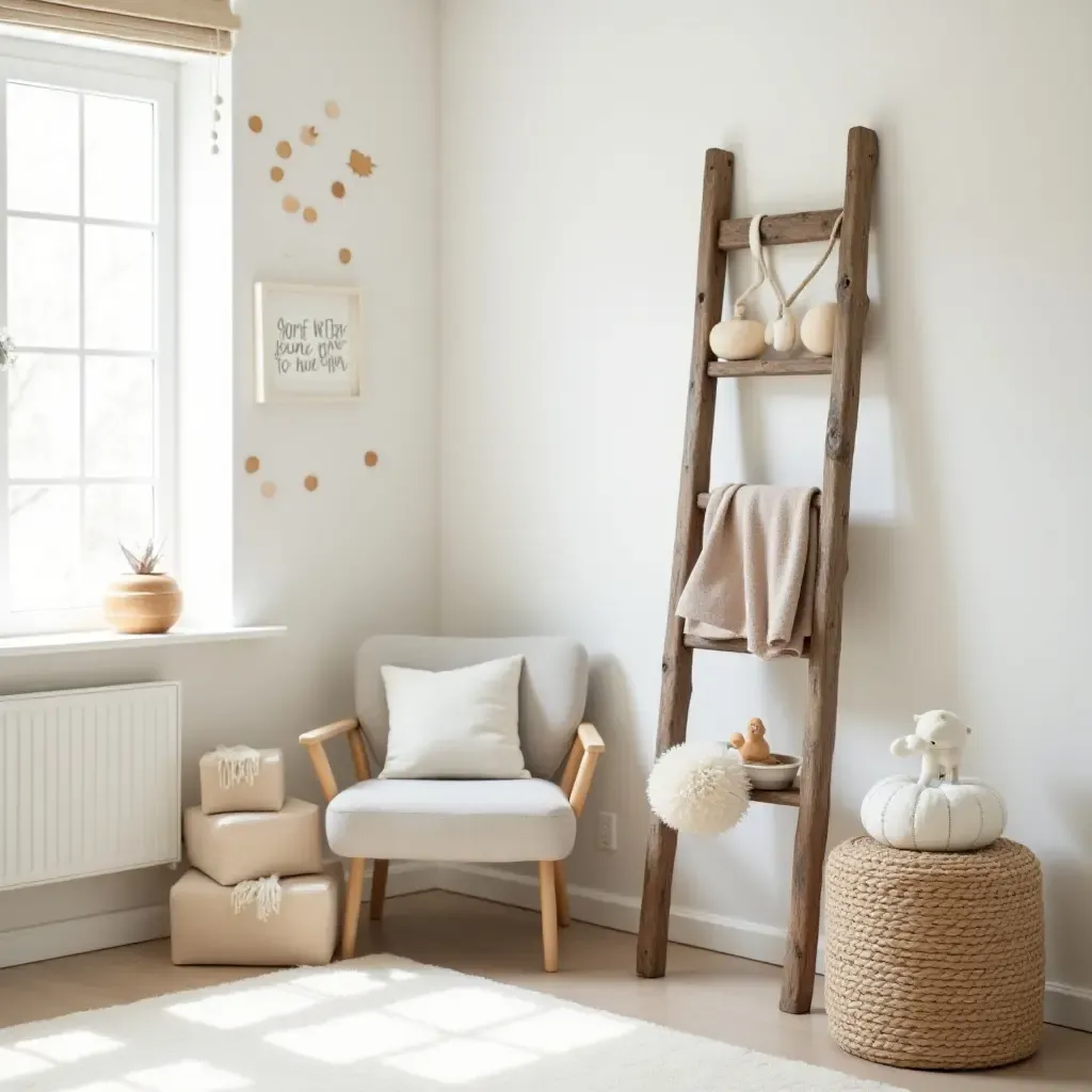 a photo of a nursery with a rustic wooden ladder used for decor and storage