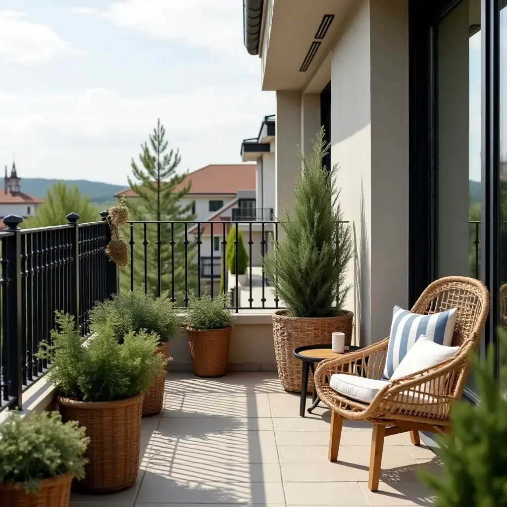 a photo of a chic balcony featuring wicker baskets and a small table