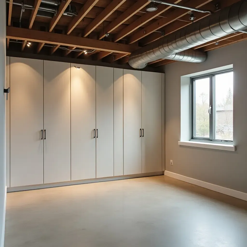 a photo of a spacious basement with modular storage units