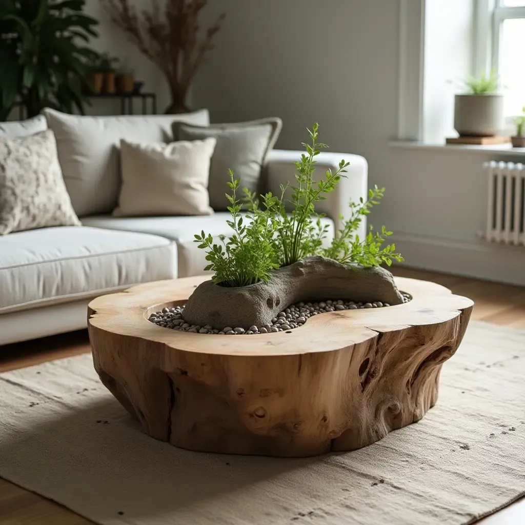 a photo of a coffee table with a nature theme, including driftwood and greenery