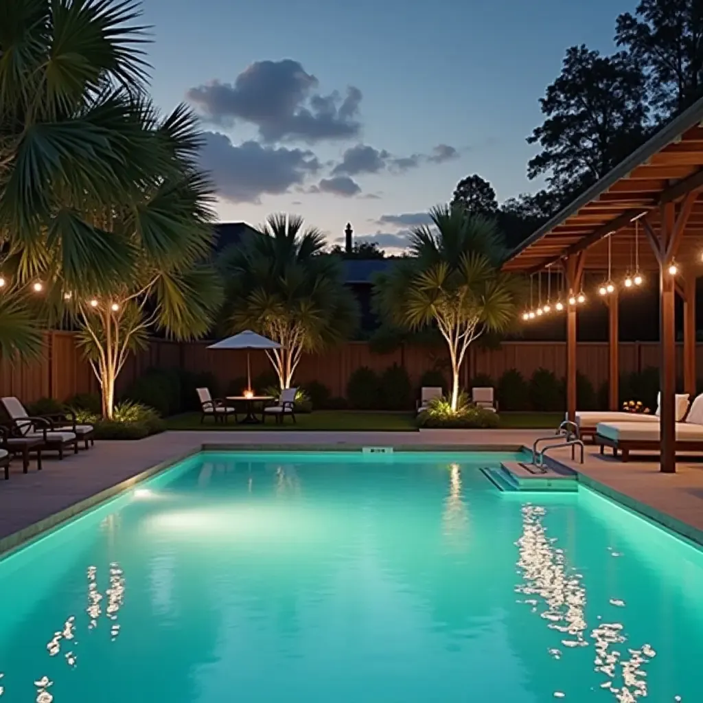 a photo of a serene pool oasis with calming pendant lights