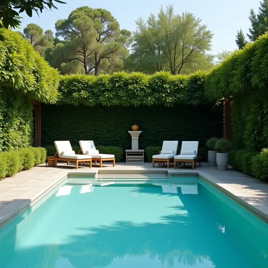 a photo of a serene pool surrounded by lush greenery and designer loungers