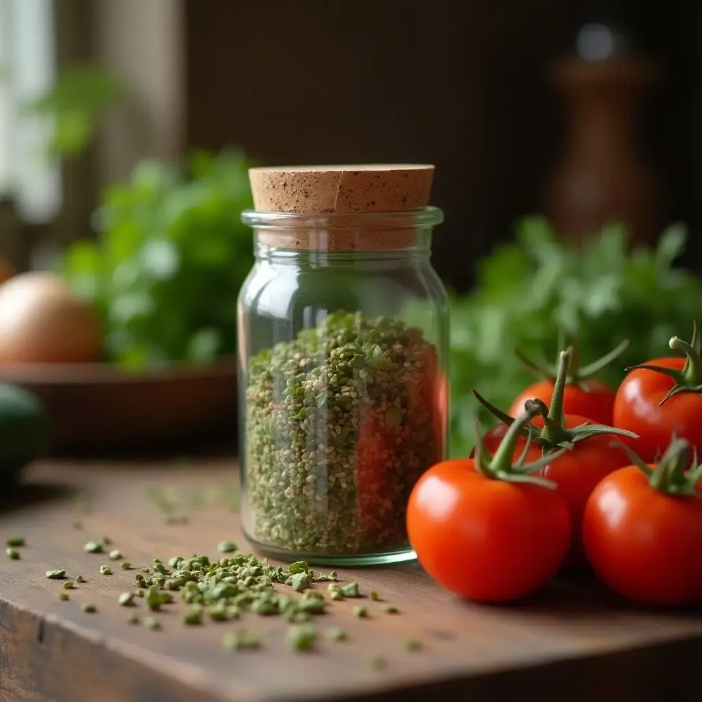 a photo of a rustic kitchen with a jar of French herb blend next to fresh vegetables.