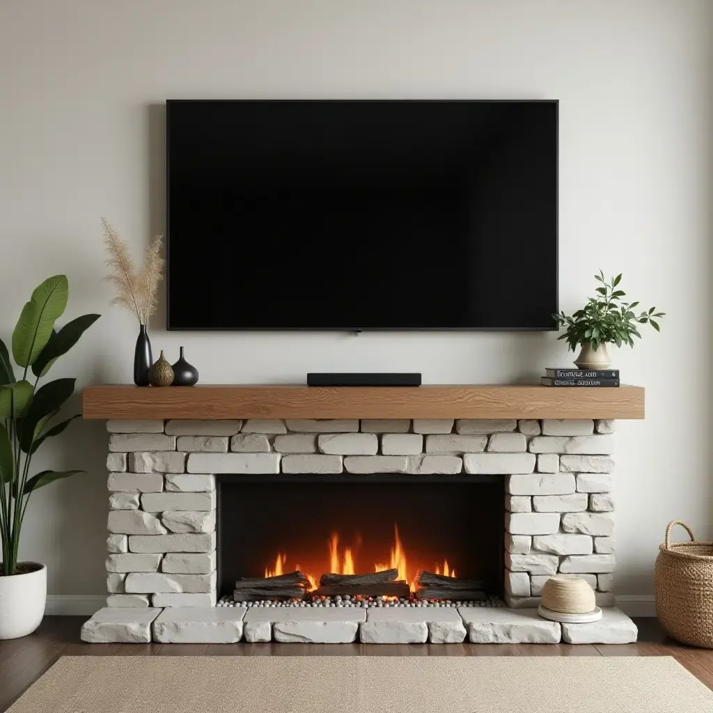 a photo of a modern living room with a sleek TV above a rustic fireplace mantel