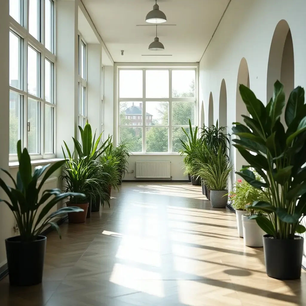 a photo of a bright corridor with large windows and plants