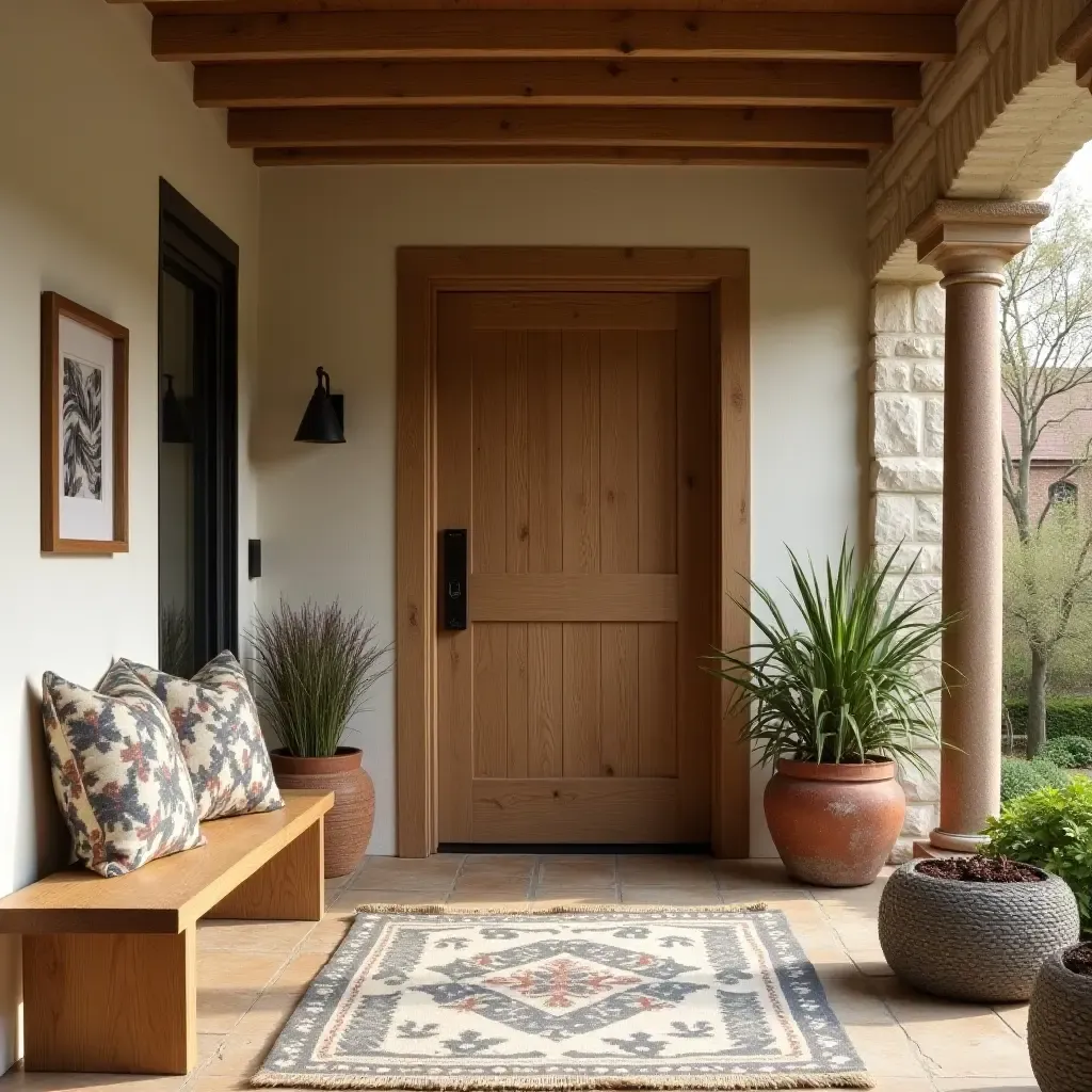 a photo of a rustic entrance area with a wooden bench and colorful accents