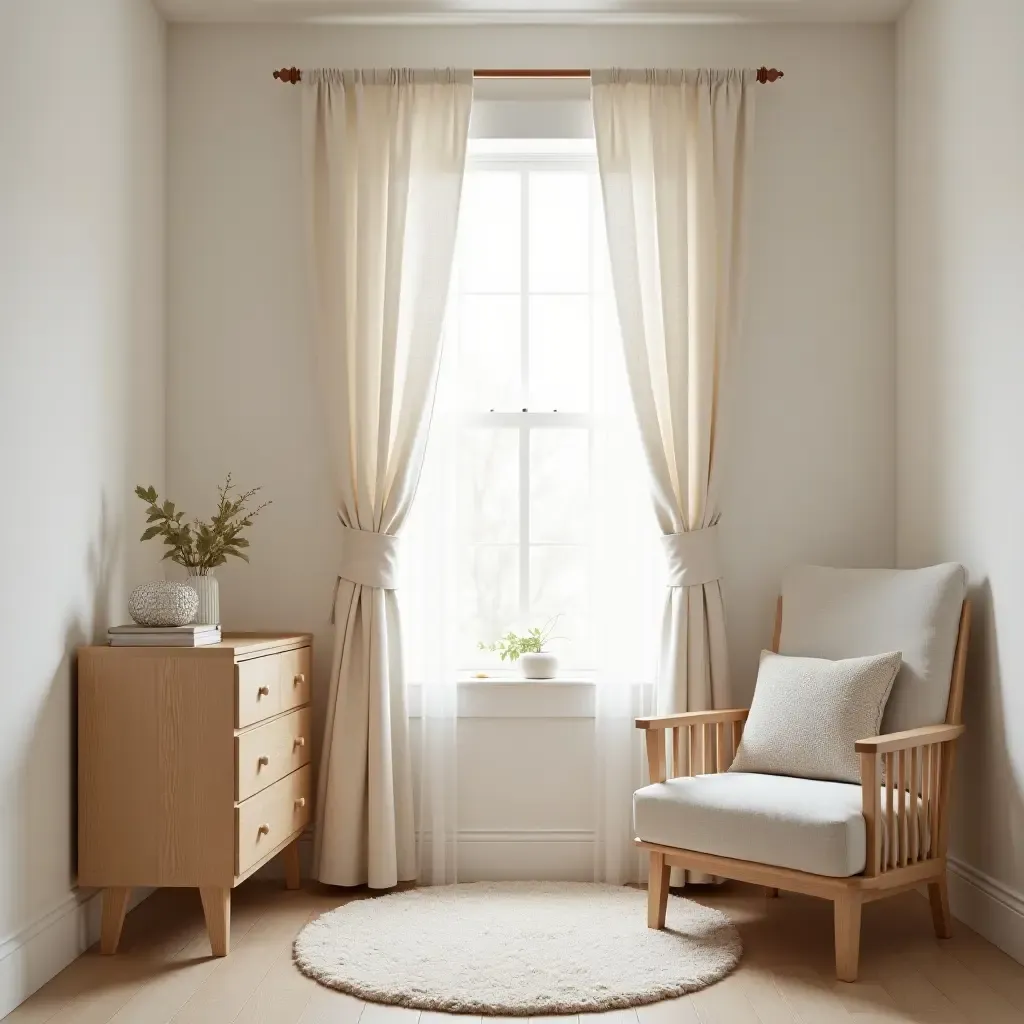 a photo of a nursery combining soft fabric curtains and wooden furniture