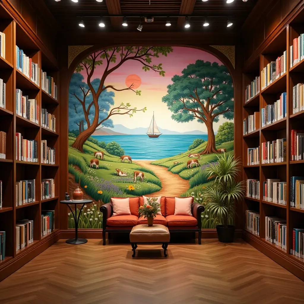 a photo of a library with a vibrant mural as a gallery wall