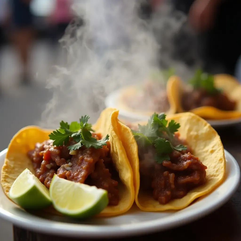 a photo of Jalisco birria tacos, steaming stewed meat, corn tortillas, lime, cilantro, street vendor.